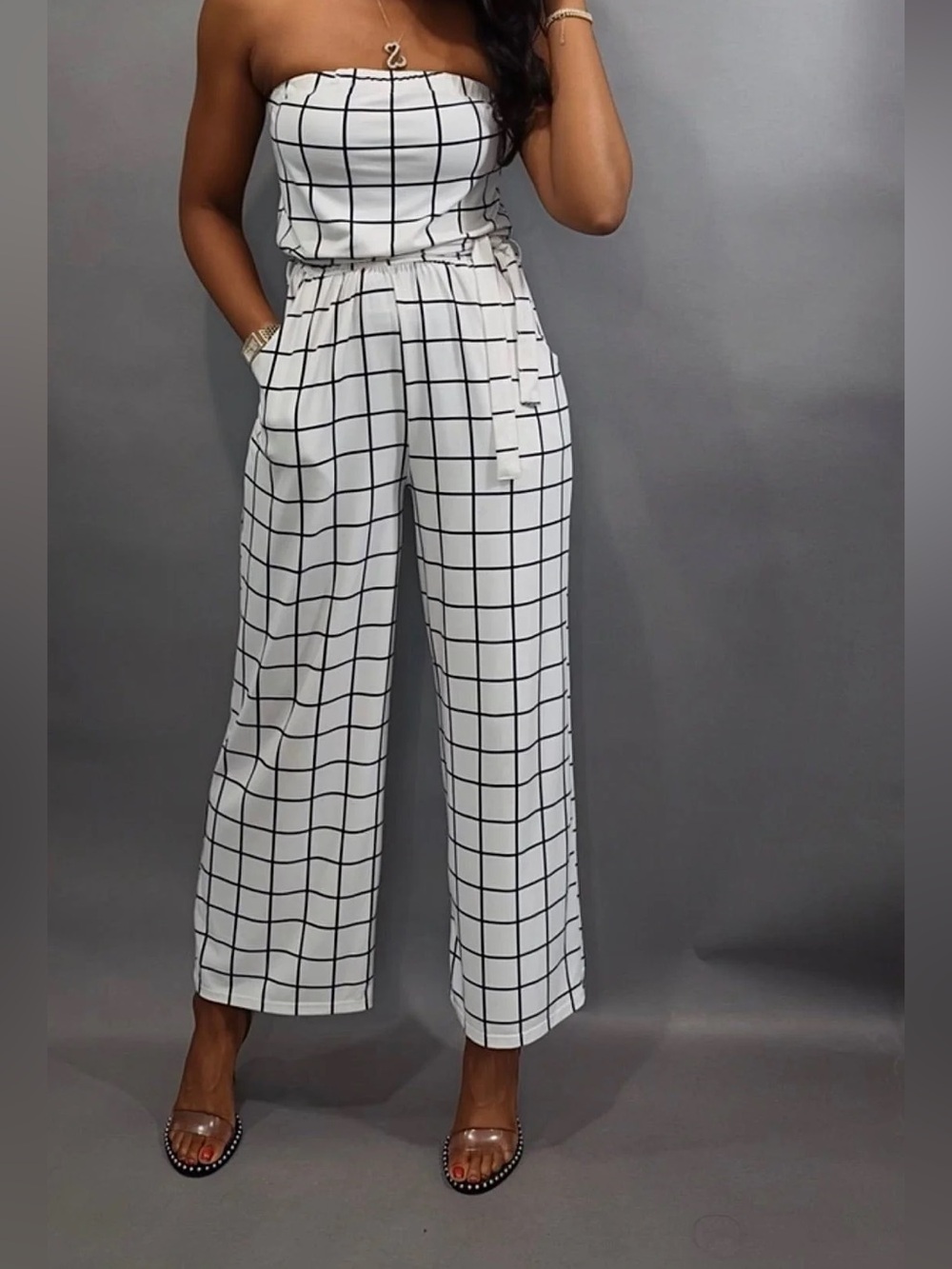 Emerald Sundae Black & White Windowpane Strapless Jumpsuit
